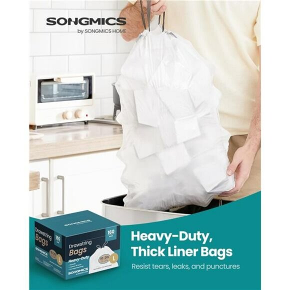 SONGMICS 5.3 Gallon Heavy Duty Trash Bags Drawstring Leakproof 160 Count - Picture 2 of 8